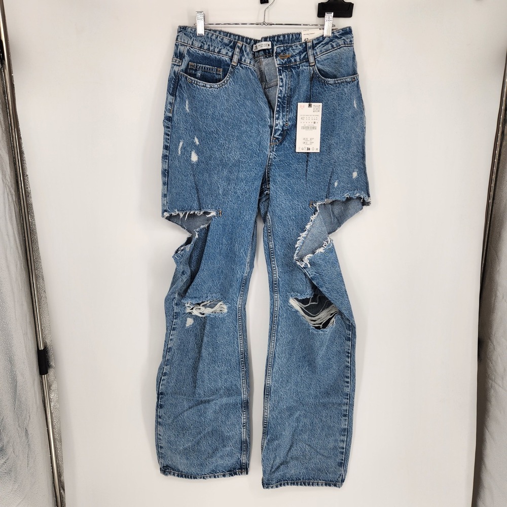 Zara Mid Rise Straight Distressed Cut Out Jeans Blue 6164/127/427 Womens 10 NEW